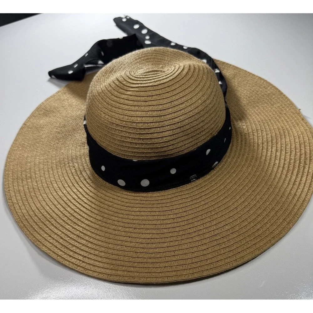 Market And Layne Straw Sun Hat Black Polka Dot Ribbon Band One Size
